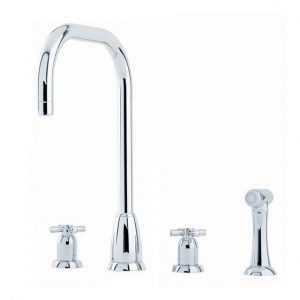Callisto Sink Mixer with U-Spout, Crosstop Handles and Rinse by Perrin&Rowe